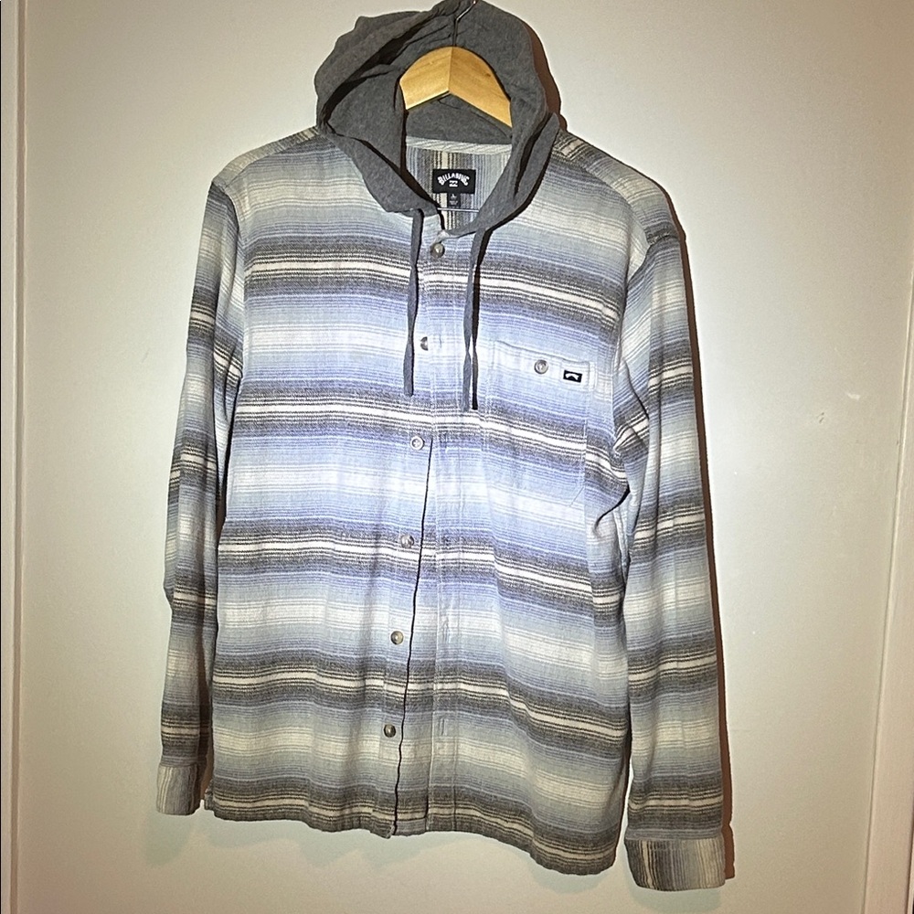 Billabong Gray Blue and White Striped Hoodie Shirt, size large men’s